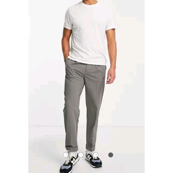 River Island tapered fit Trousers Gray Men 34 X 30 Pleated Cuffed Pants New - Picture 1 of 16